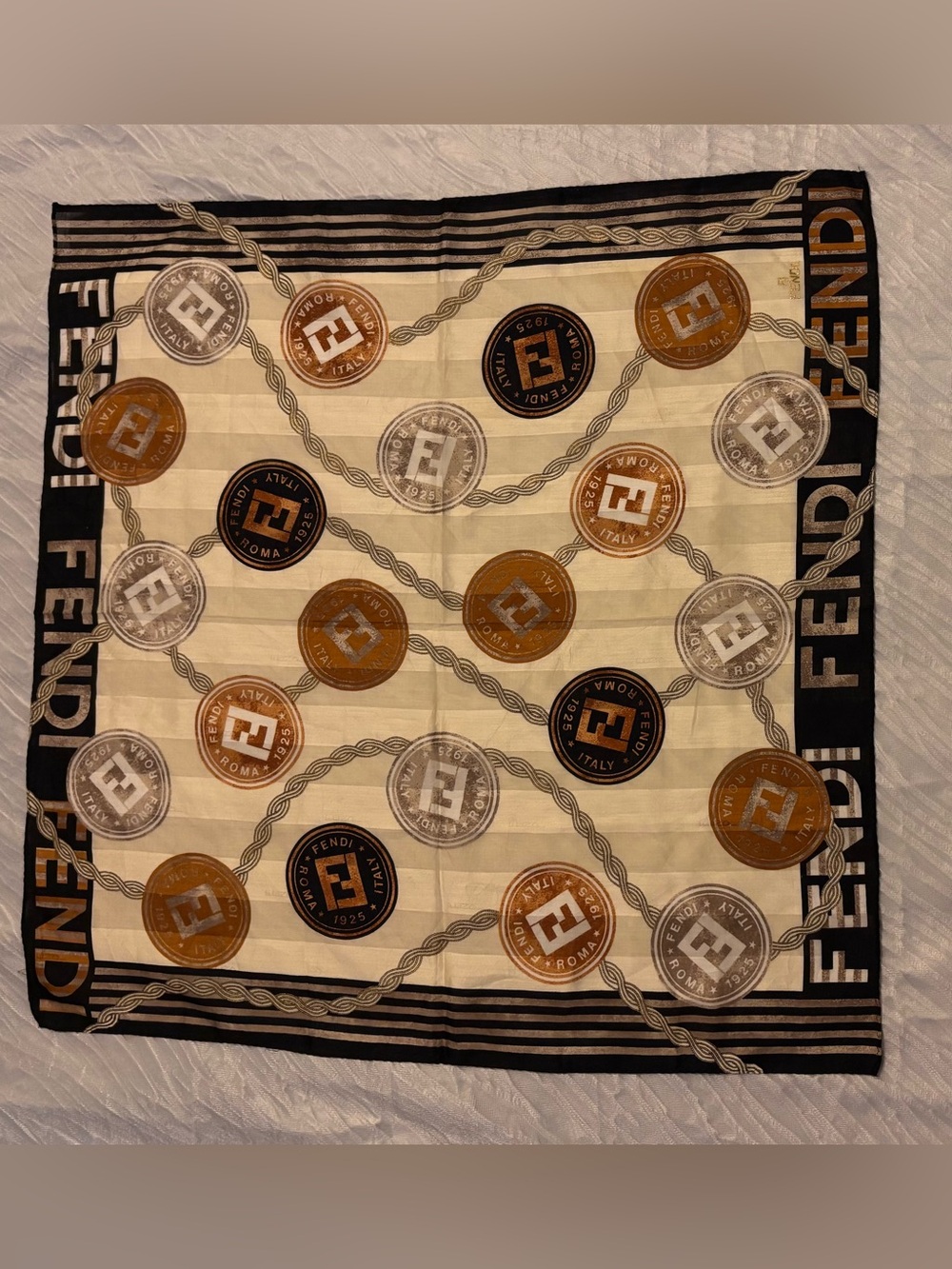 Fendi Cream, Brown & Tan Logo Medallion Cotton Scarf 22.5 x 22.5